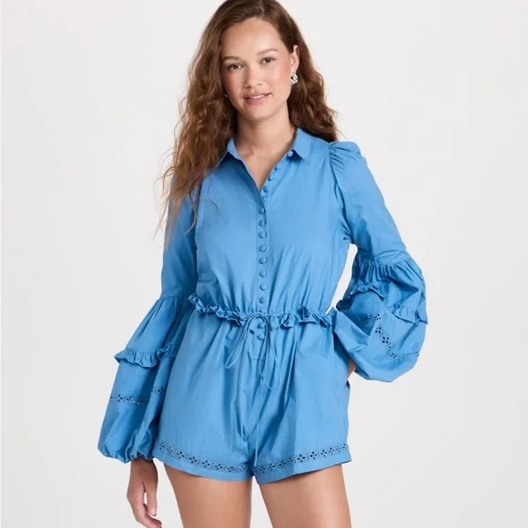 Blue Button-Up Ruffle Jumpsuit - Picture 4 of 9